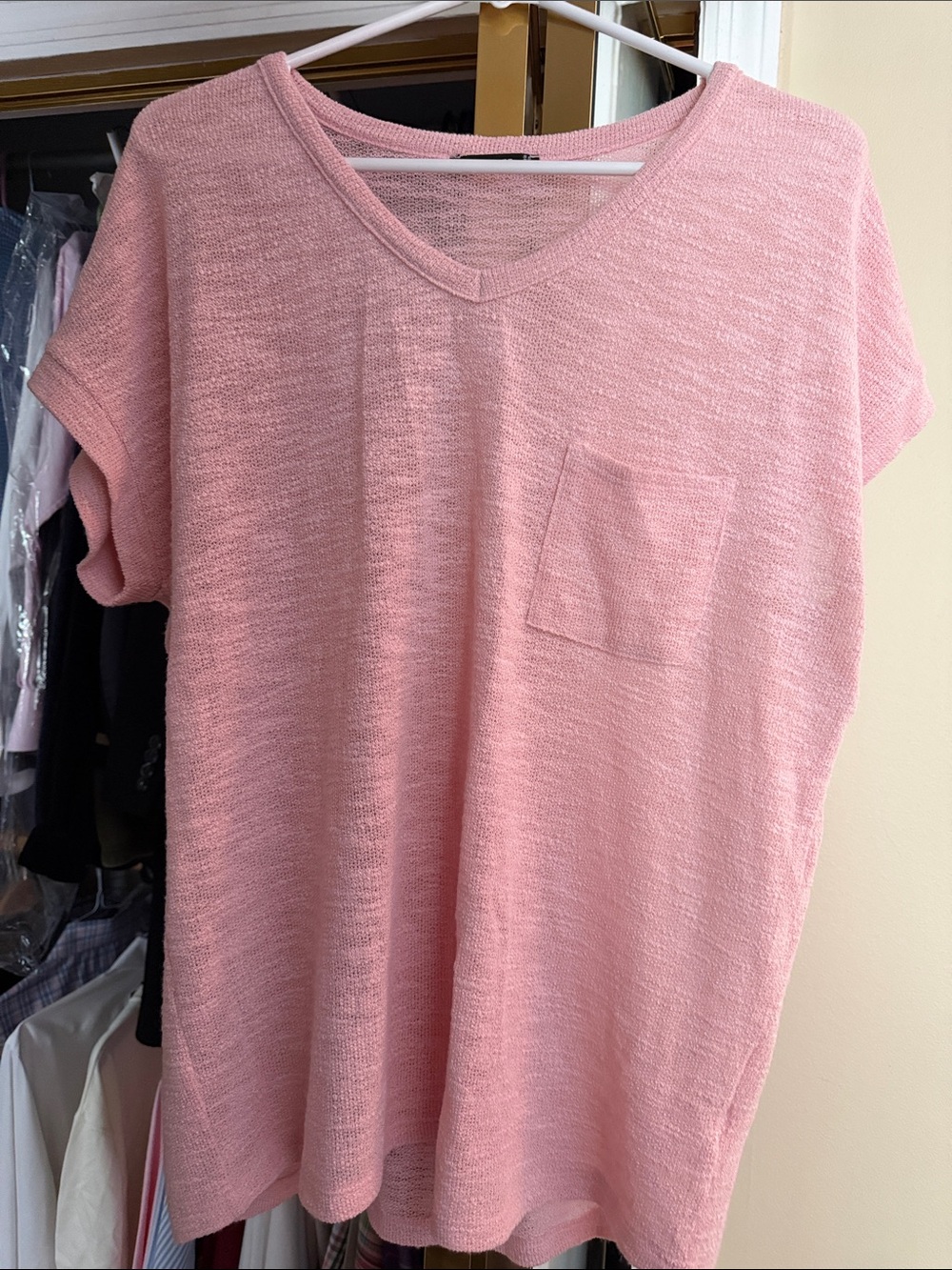 Staccato Pink V-Neck Pocket. Knit Top